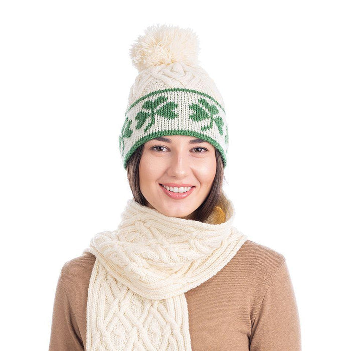 Shamrock Aran Wool Hat One Size Made in Ireland - Olde Church Emporium