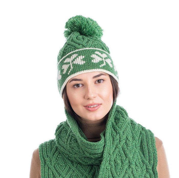 Shamrock Aran Wool Hat One Size Made in Ireland - Olde Church Emporium