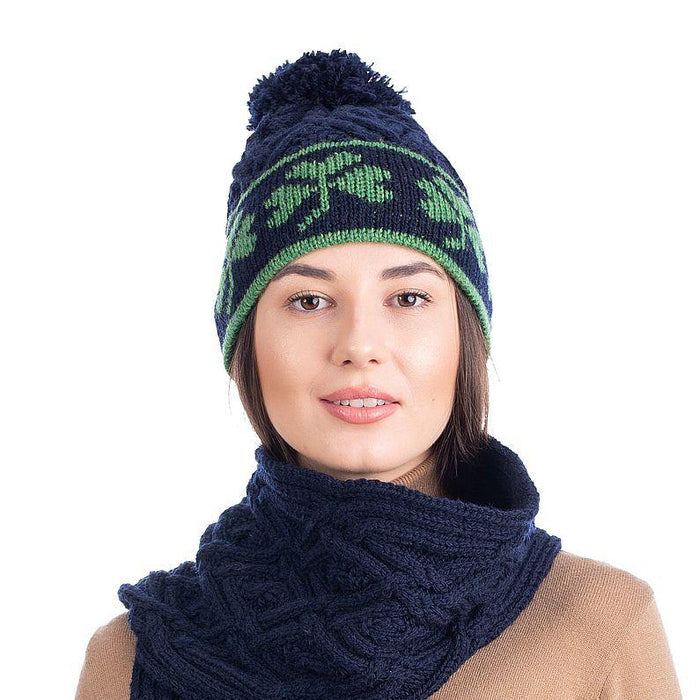 Shamrock Aran Wool Hat One Size Made in Ireland - Olde Church Emporium