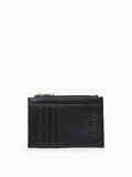 A black leather card holder wallet with a gold zipper pull and debossed brand name on the front, shown against a plain white background.