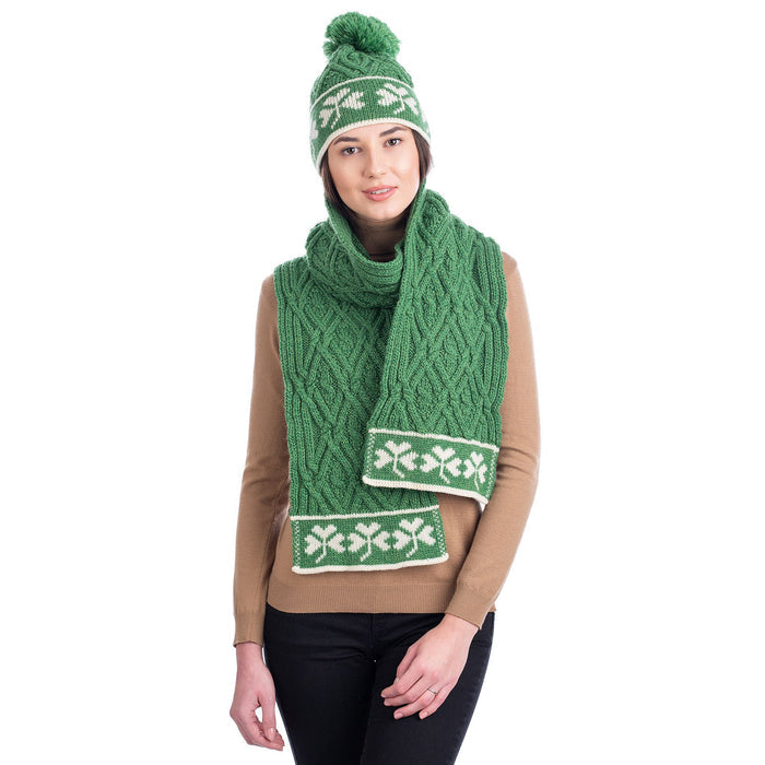 Traditional Irish Shamrock Aran Wool Scarf 76 x 8 Inches Made in Ireland - Olde Church Emporium