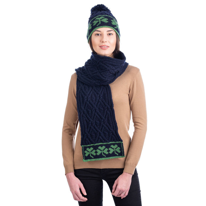 Traditional Irish Shamrock Aran Wool Scarf 76 x 8 Inches Made in Ireland - Olde Church Emporium