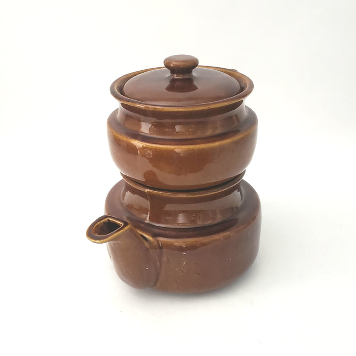 Vintage Brown Glazed Ceramic Double Tea Pot 4 Piece USA