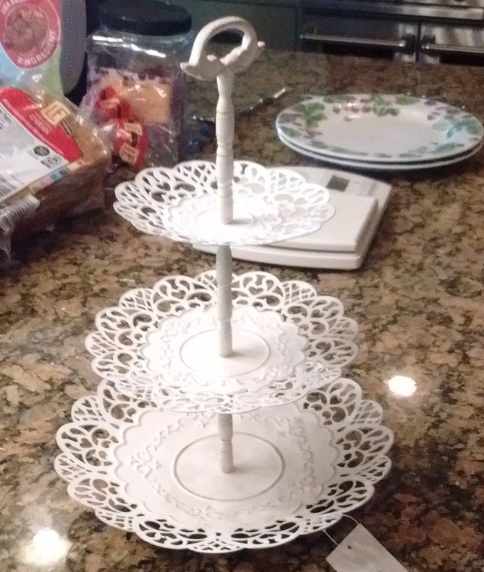 White Metal Cluny Lace Tiered Stand - Olde Church Emporium