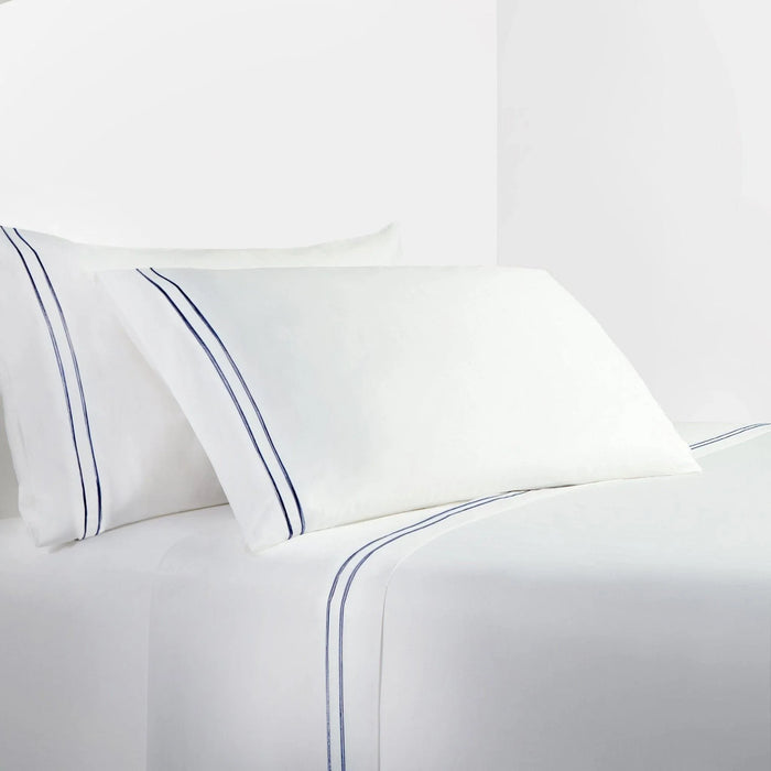 White Sheet Set With Navy Stripe Embroidery