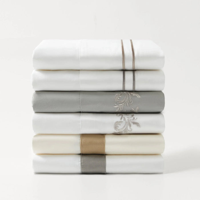 White Sheet Set With Navy Stripe Embroidery
