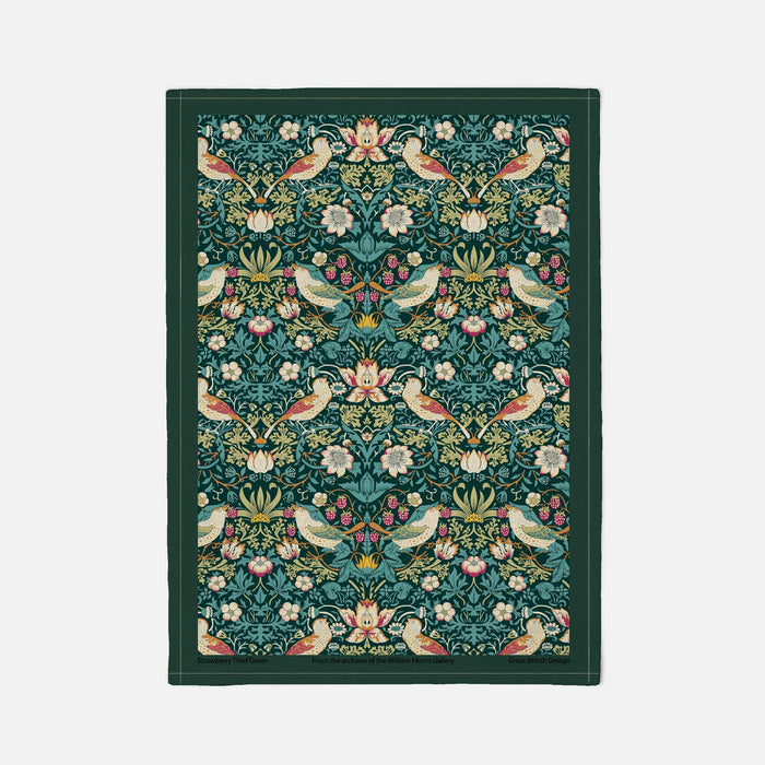 William Morris Cotton Tea Towel - Strawberry Thief / Green