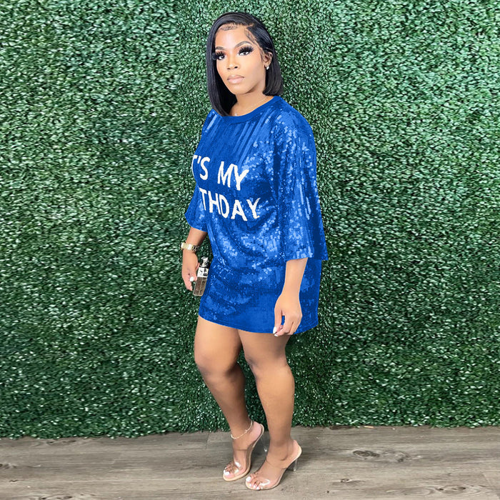 Women Clothing Spring round Neck Loose Sequin Letter Graphic Printed Dress